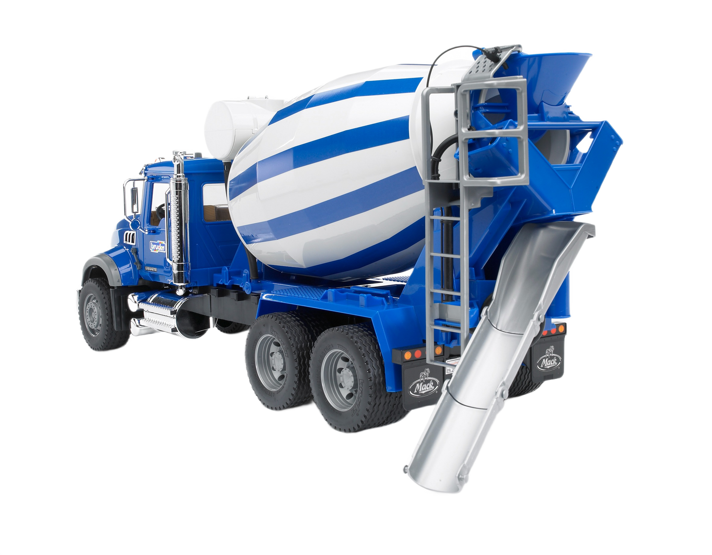 Blue and white 1:16 scale Mack Granite cement mixer toy truck with rotating drum and detailed cab for realistic play