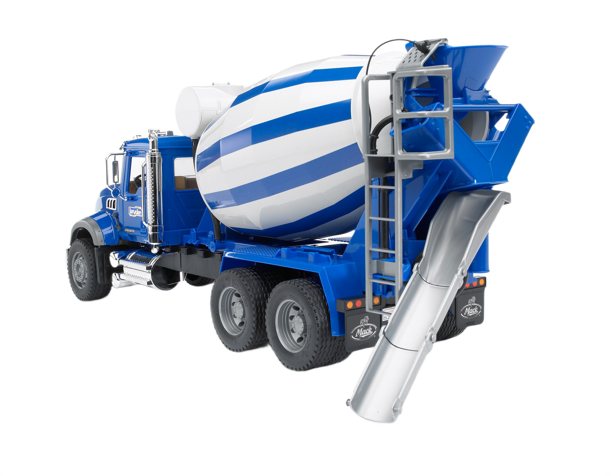 Blue and white 1:16 scale Mack Granite cement mixer toy truck with rotating drum and detailed cab for realistic play