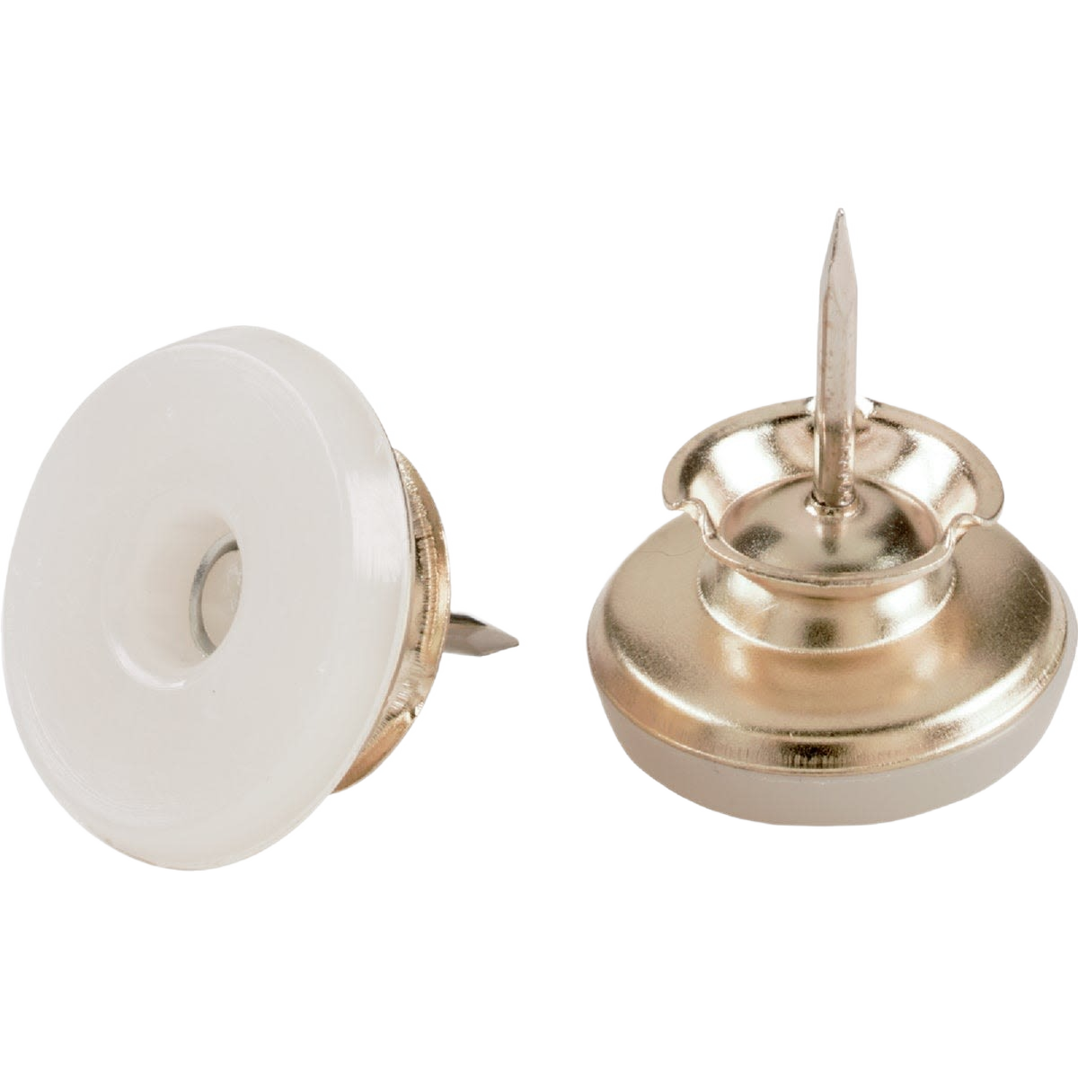 Pair of swivel glides with metal nail pins and smooth white plastic caps for furniture and home improvement projects