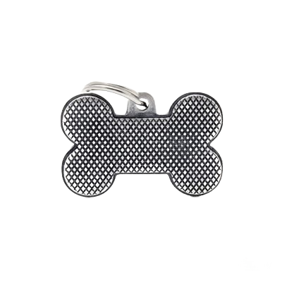 Metallic rhombus pattern dog bone-shaped pet ID tag with keyring attachment for pet identification