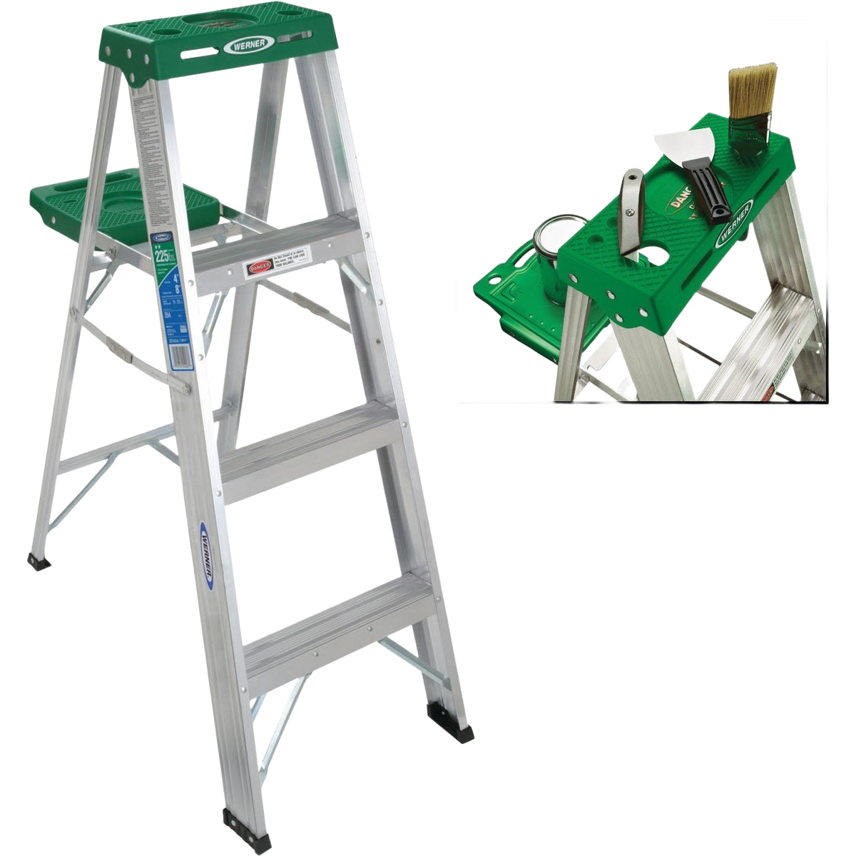 Lightweight 4 ft aluminum step ladder with green top shelf holding various small painting and home improvement tools
