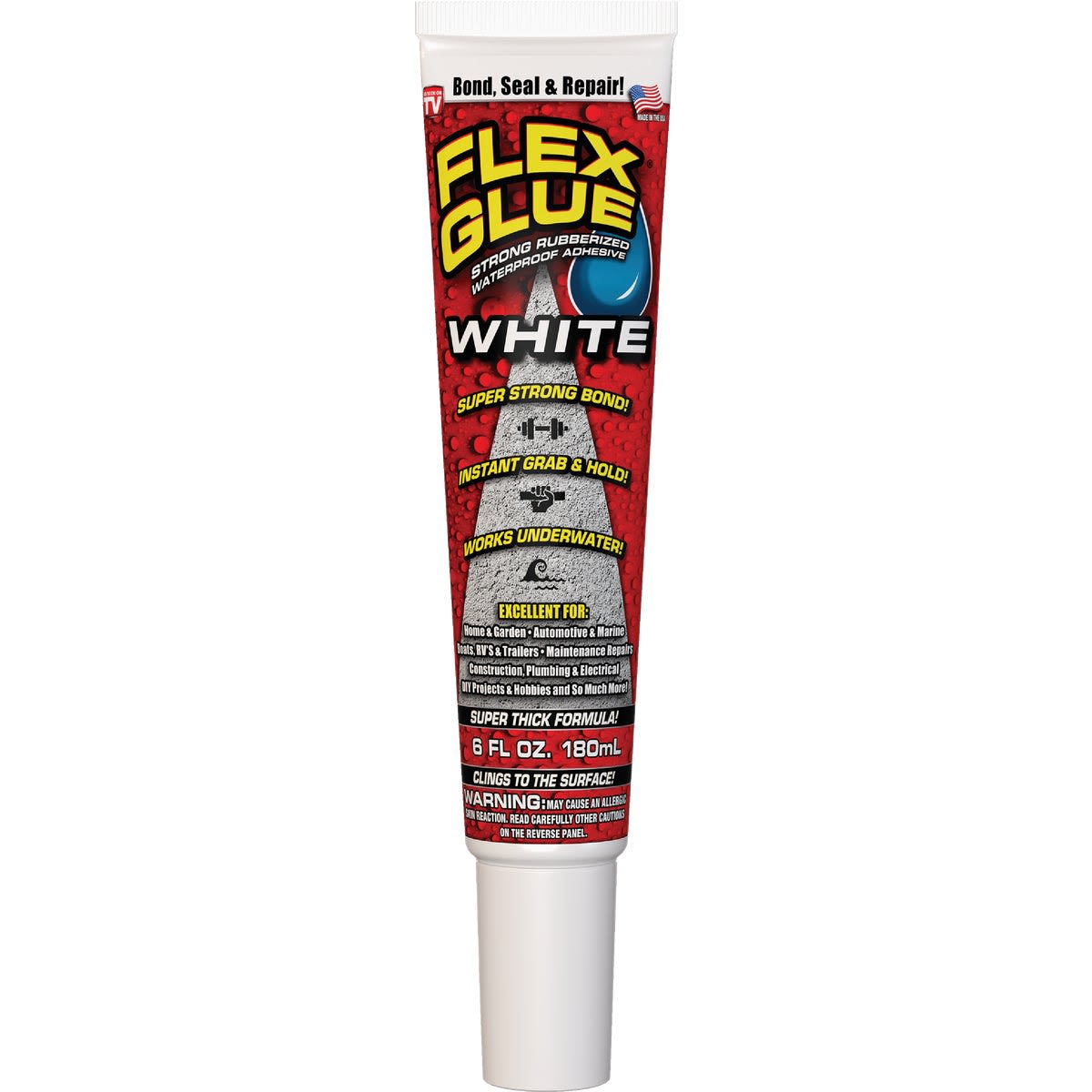 Tube of white multi-purpose adhesive with waterproof, strong bonding for home improvement and repair projects