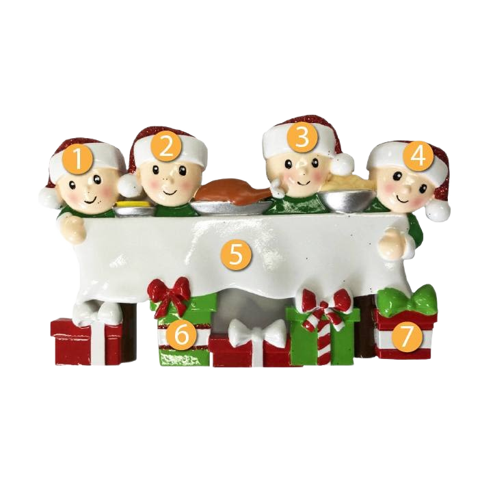 Festive family of four at dinner table ornament with wrapped gifts in Christmas Ornaments & Tree Decorations under $50 collection