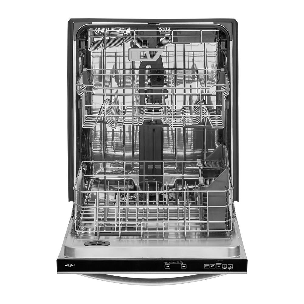 Open dishwasher showing three racks including a dedicated third rack and water repellent silverware basket interior