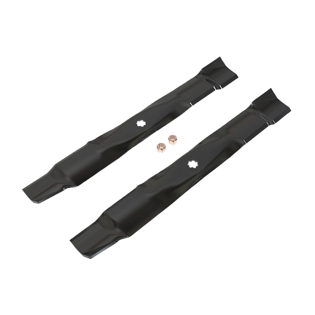 Pair of black steel mulching blades with mounting hardware for lawn mower blade replacement and maintenance tasks