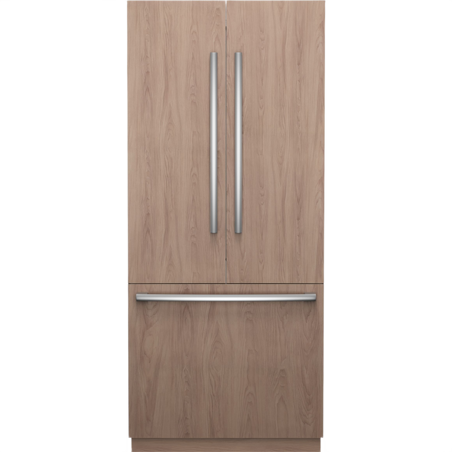 Built-in bottom freezer refrigerator with wood panel doors and modern stainless steel handles for kitchen integration