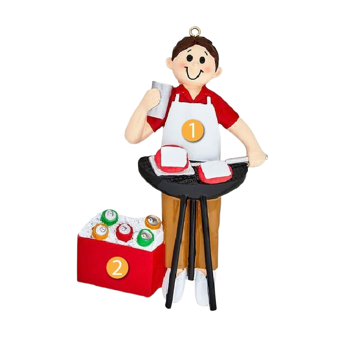 Festive BBQ-themed ornament featuring a smiling man grilling with cooler of drinks for holiday decoration under $50 collection