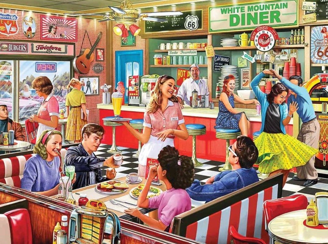 Vintage American diner scene with customers, waitress, jukebox, and classic decor in puzzles and toys collection