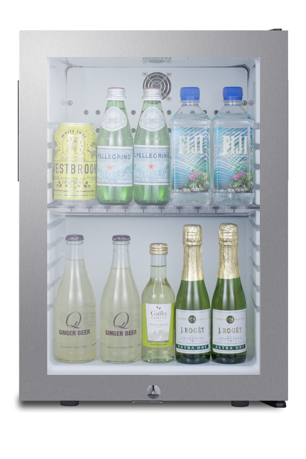 Small freestanding minibar with a brushed stainless steel door frame, glass panel, and interior shelving, from mini refrigerators collection