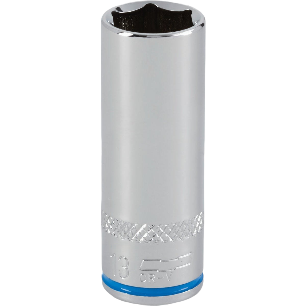 Chrome-plated 13mm deep 6-point metric socket with knurled grip for use with 1/4 inch drive tools in home improvement