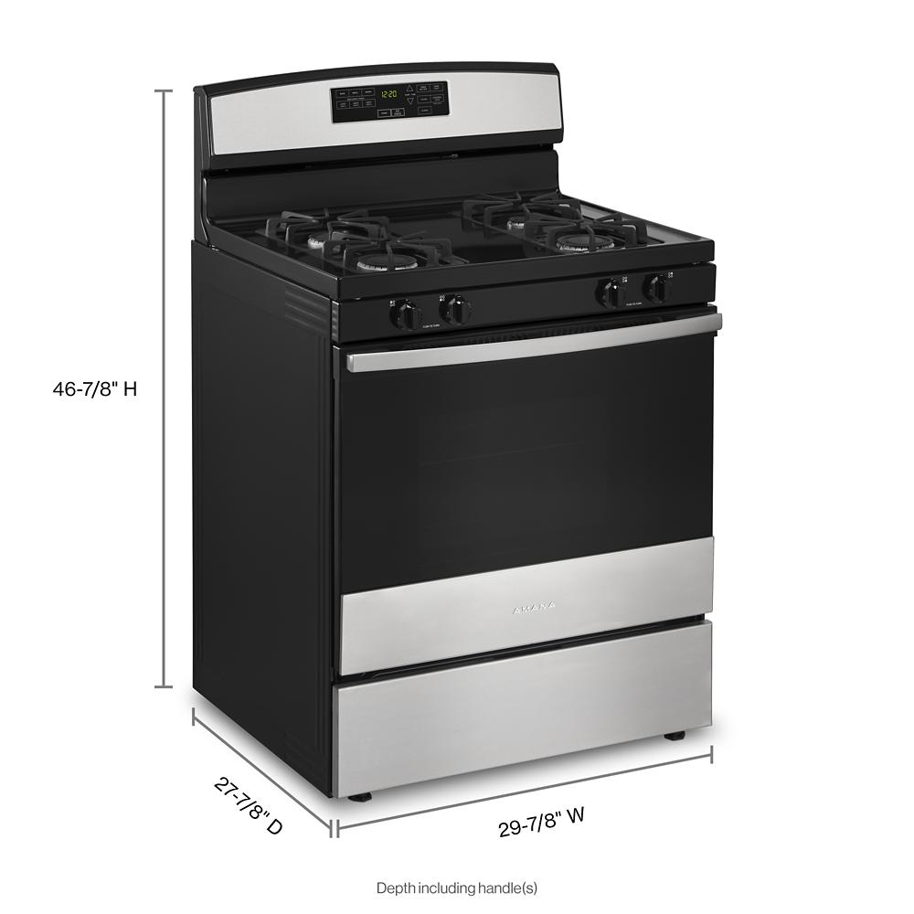 30-inch black and stainless steel gas range with digital control panel and four-burner cooktop in kitchen appliances collection