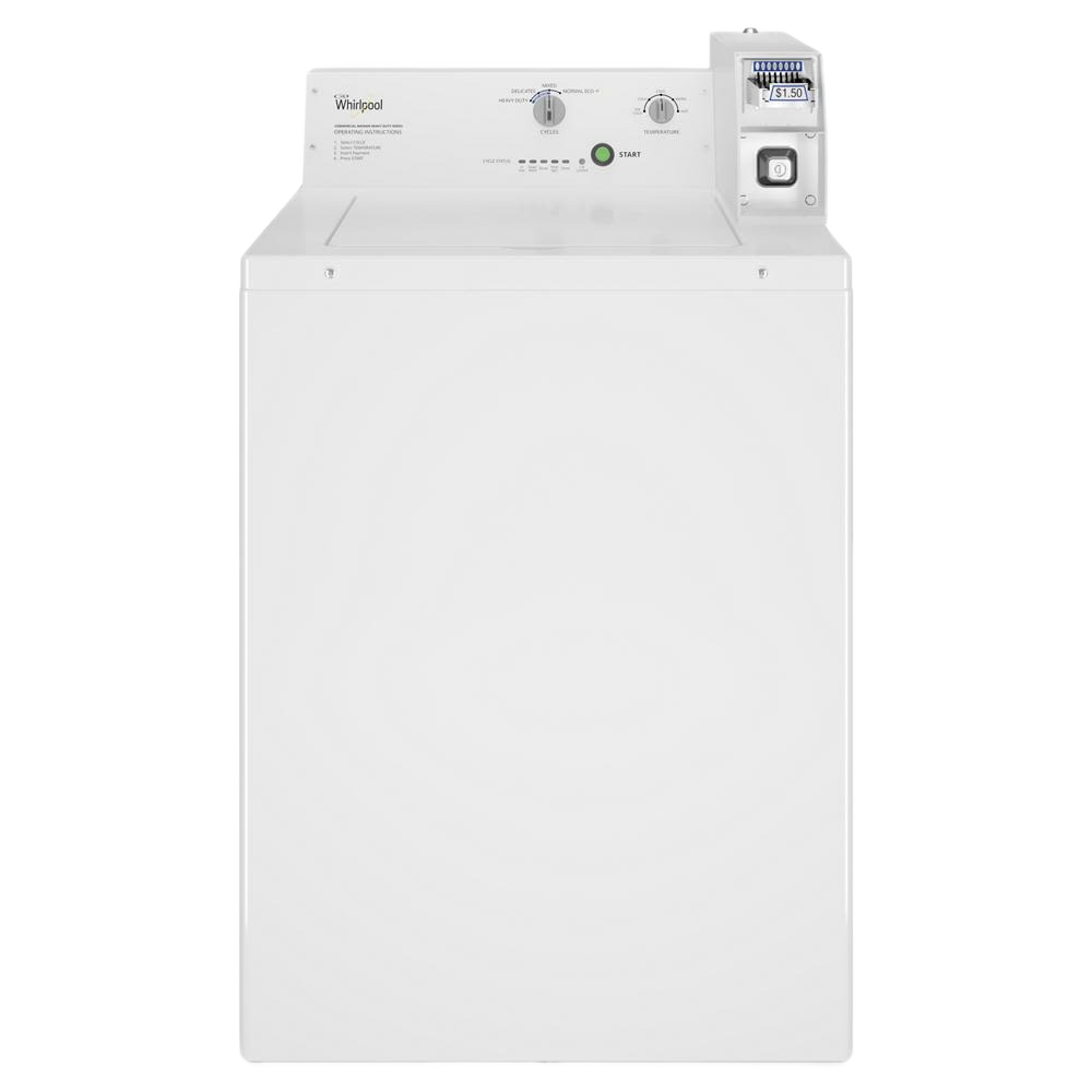 White commercial-grade top-load washer with coin slide control panel from Washers & Dryers collection