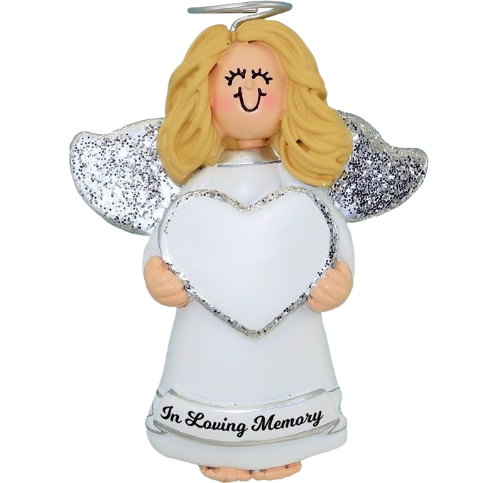 Blonde angel ornament with glittery silver wings holding heart with "In Loving Memory" banner in Christmas collection