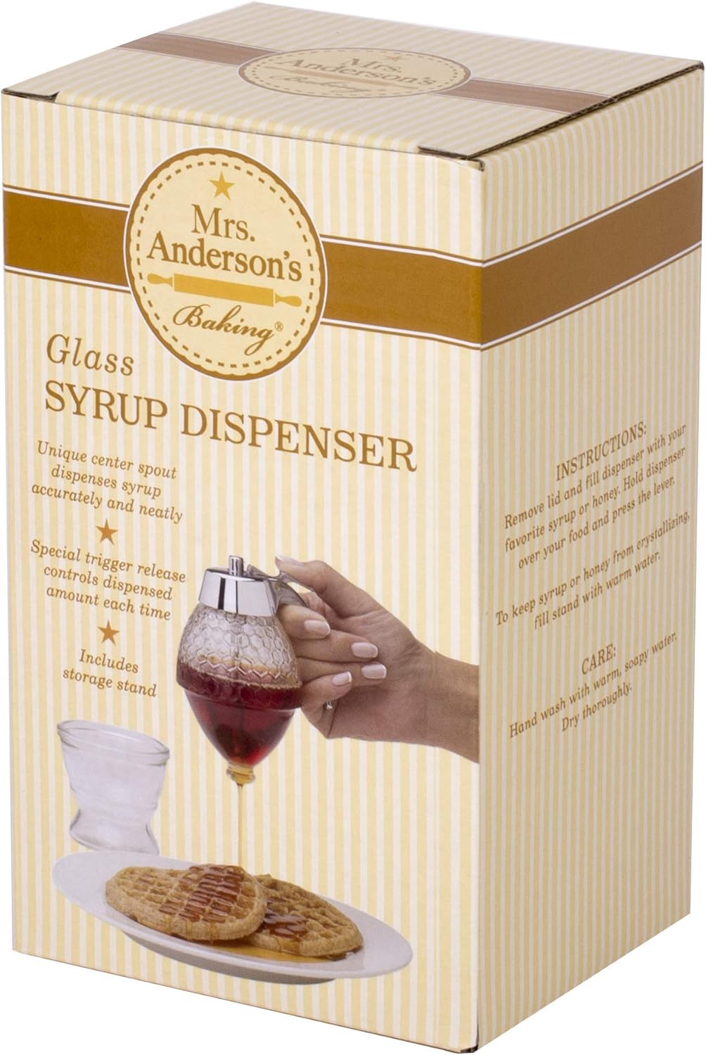 Mrs. Anderson's Baking glass syrup dispenser with metal lid pouring syrup onto waffles in kitchenware collections