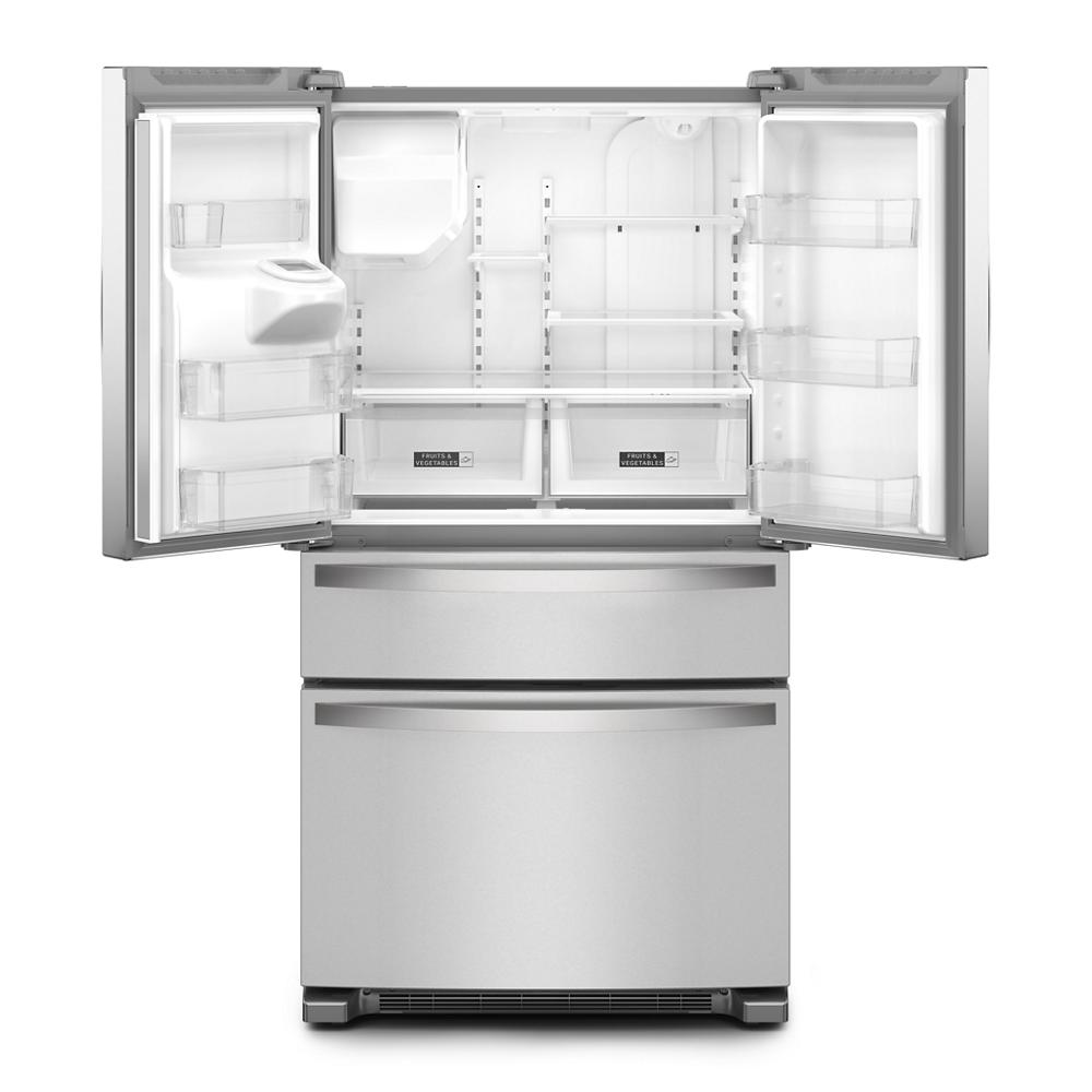 Open stainless steel 36-inch French door refrigerator with bottom freezer and spacious interior shelves for kitchen appliances collection