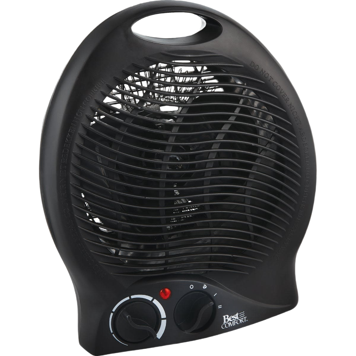 Compact black electric space heater with handle, two heat settings, suitable for home improvement and under $50 collection