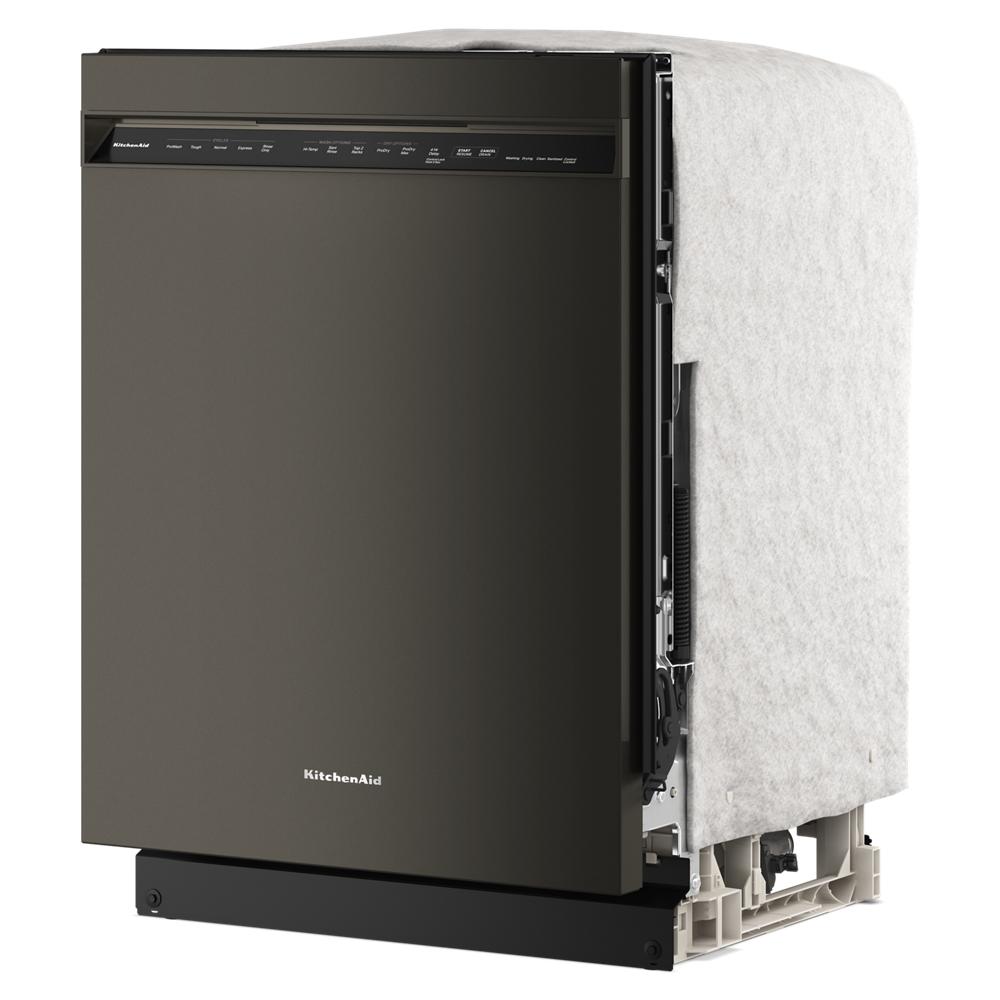 Black freestanding dishwasher with digital control panel and partially wrapped in protective insulation, part of KitchenAid appliances collection