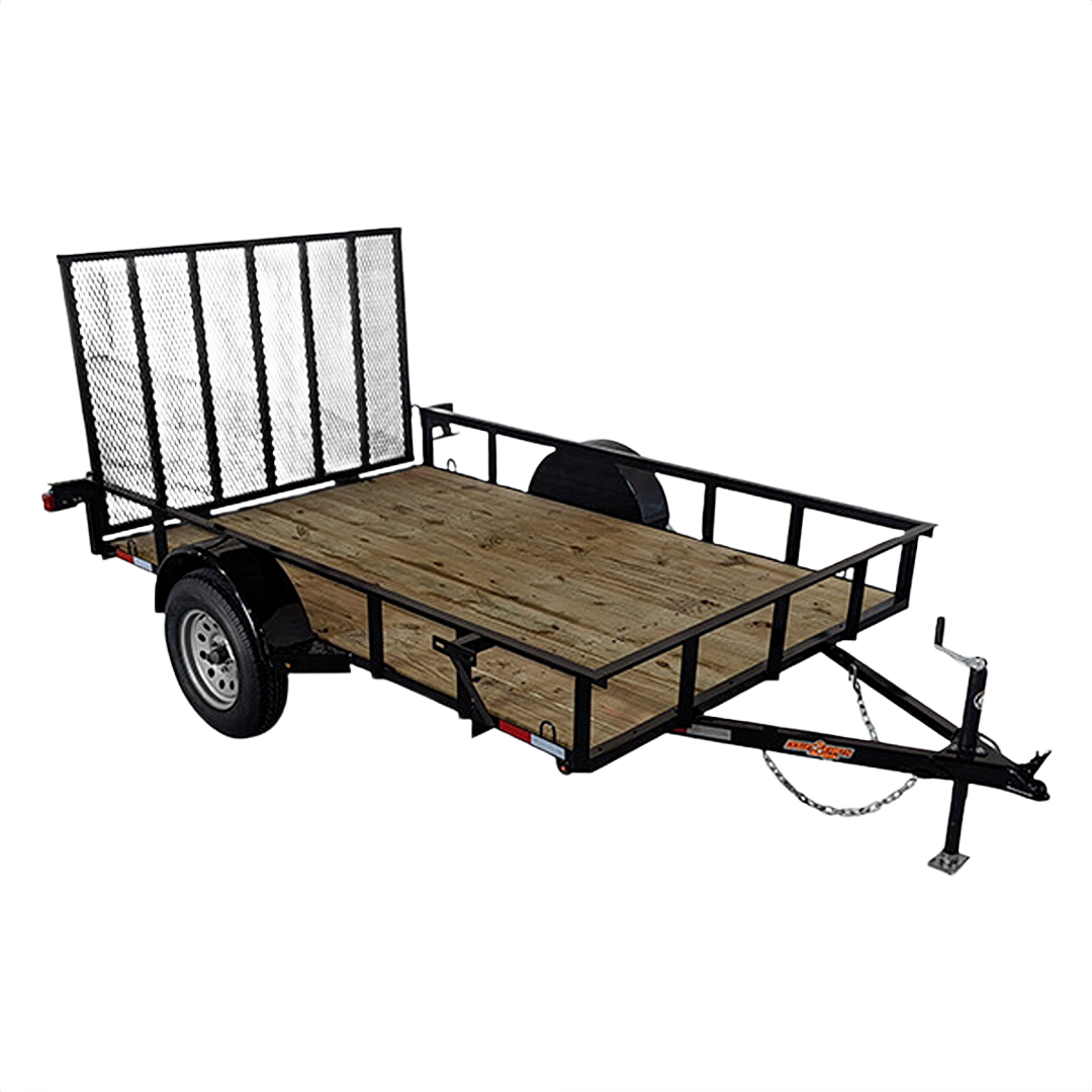 Black metal frame utility trailer with wooden floor and fold-down ramp for tools and home improvement tasks