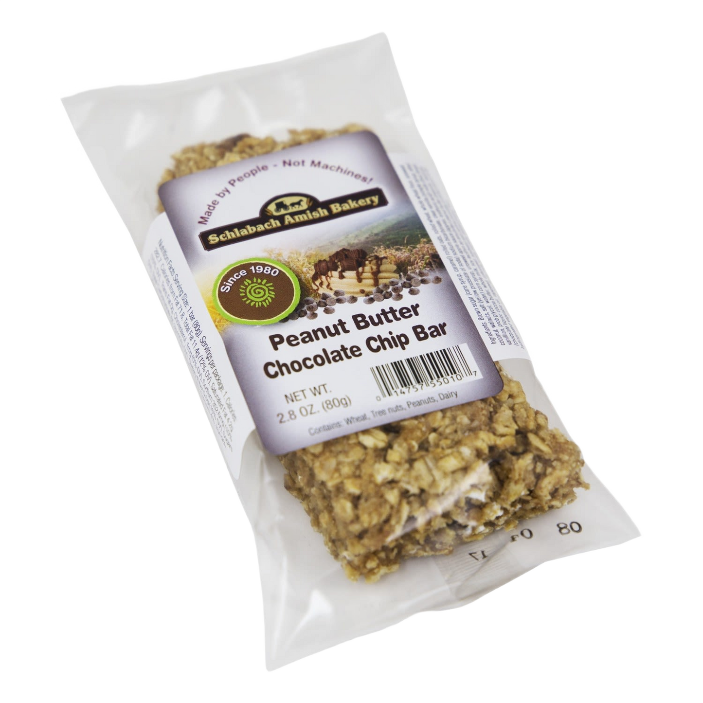 Packaged Schlabach Amish Bakery peanut butter chocolate chip bar with visible oats and nuts in transparent wrapper