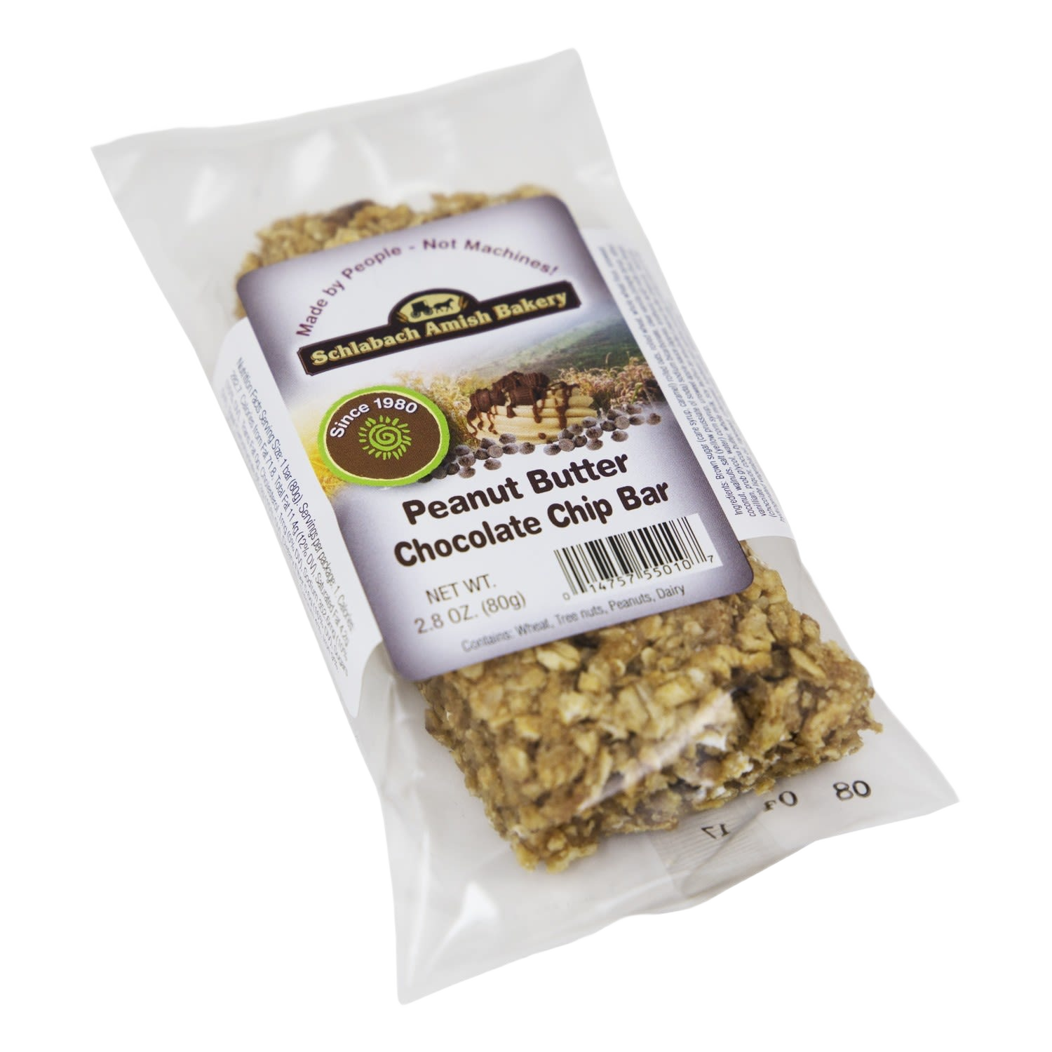 Packaged Schlabach Amish Bakery peanut butter chocolate chip bar with visible oats and nuts in transparent wrapper