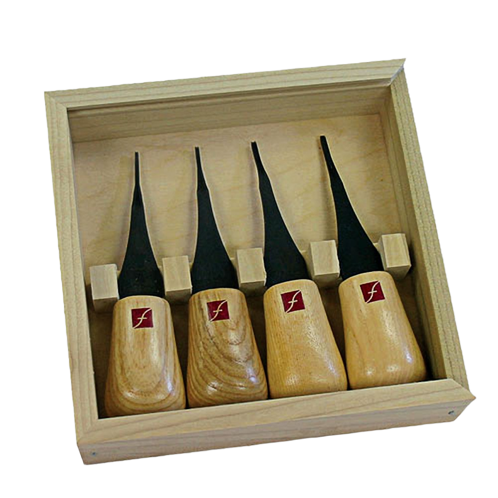 Set of four wood carving tools with ergonomic wooden handles in a wooden box from woodworking hand tools collection under $100