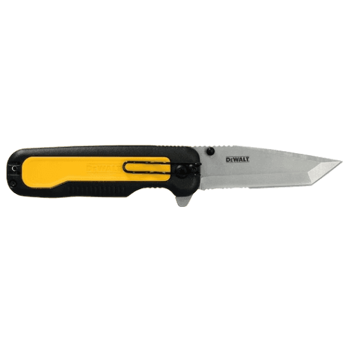 Compact tanto blade folding knife with stainless steel serrated edge and ergonomic yellow black handle for cutting tasks