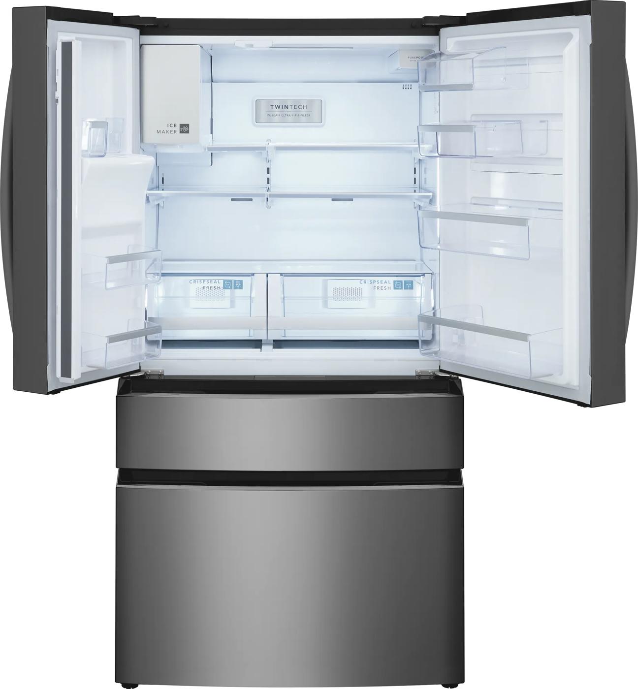 Counter-depth four-door refrigerator with spacious interior and adjustable shelving in stainless steel finish for kitchen appliances collections