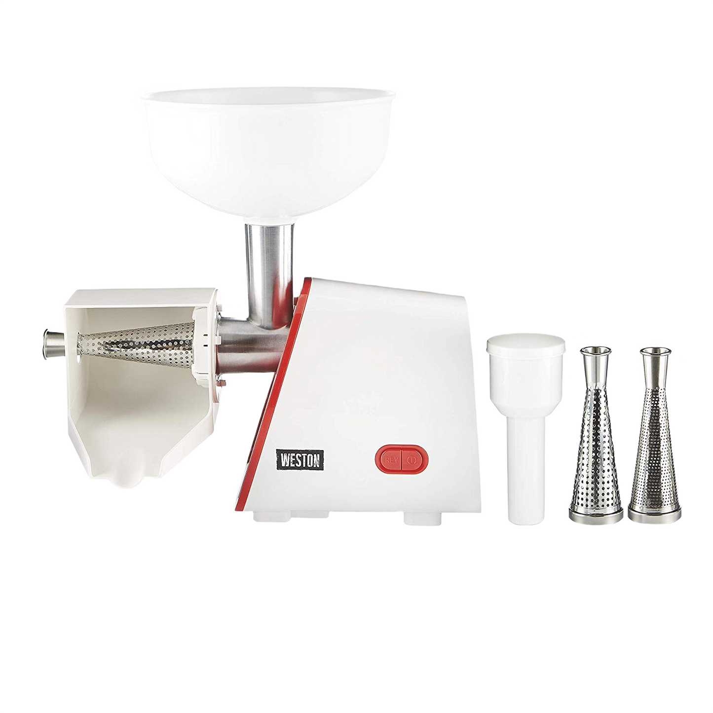 White electric tomato strainer with metal cones and plastic pusher, part of kitchen appliances and small kitchen tools collection