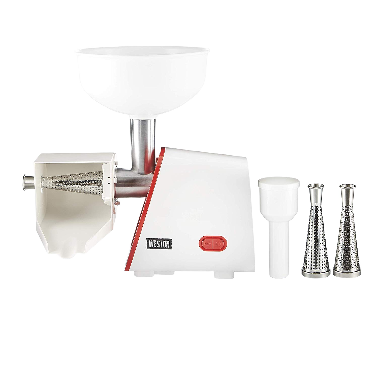 White electric tomato strainer with metal cones and plastic pusher, part of kitchen appliances and small kitchen tools collection