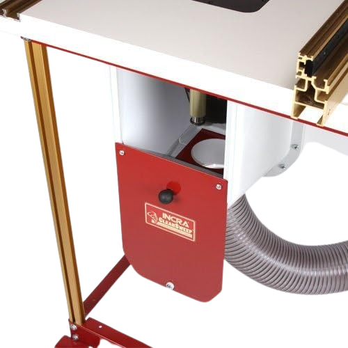 Downdraft dust collection cabinet with red front panel and flexible hose for woodworking hand tools and measuring tools collections