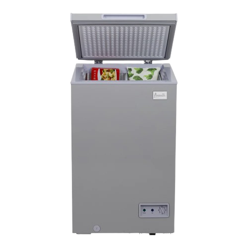 Gray garage ready chest freezer with top open lid showing frozen food inside from Freezers & Ice Makers collection