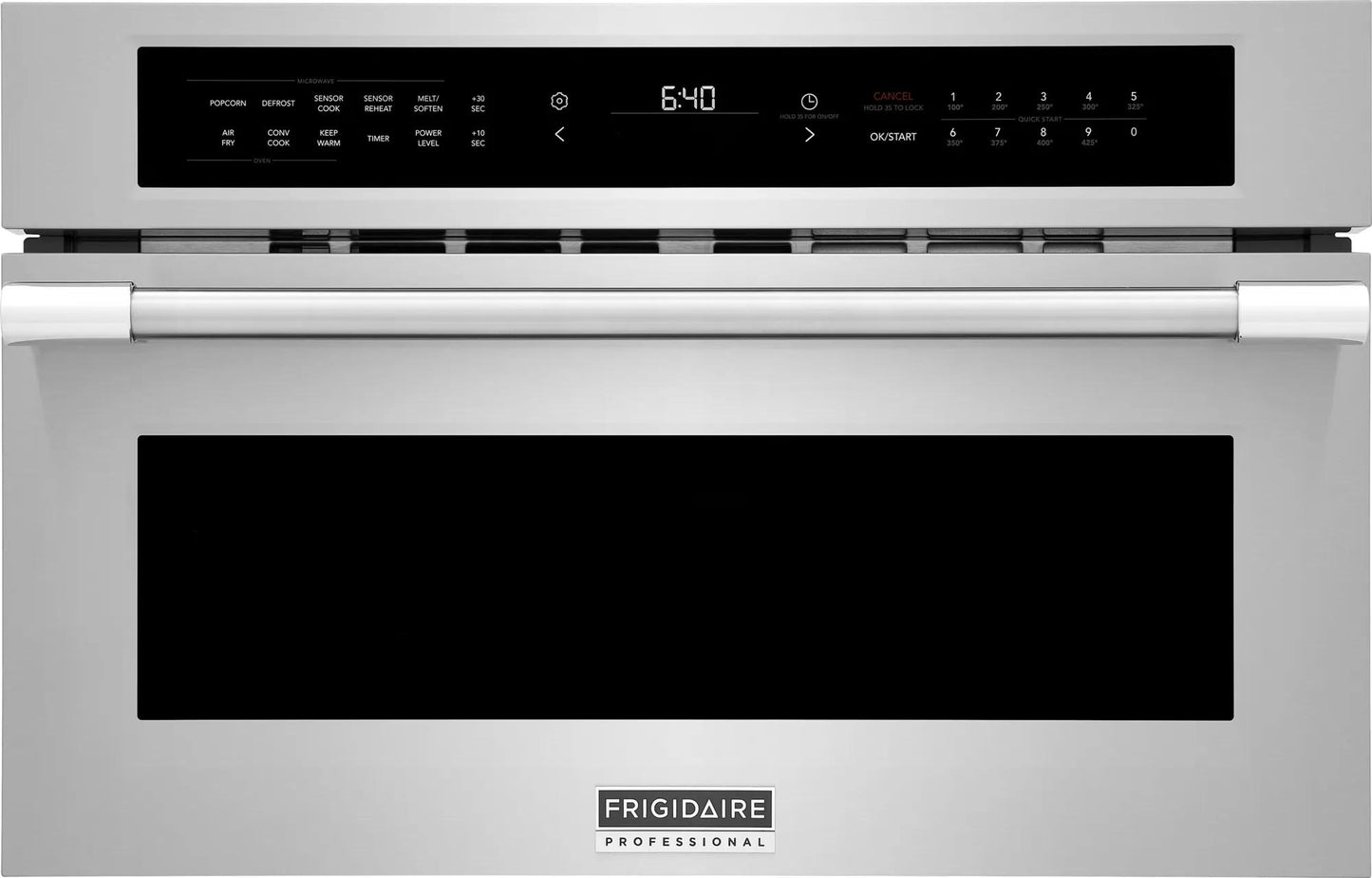 Stainless steel built-in convection microwave oven with digital touchscreen and drop-down door in kitchen appliances collection