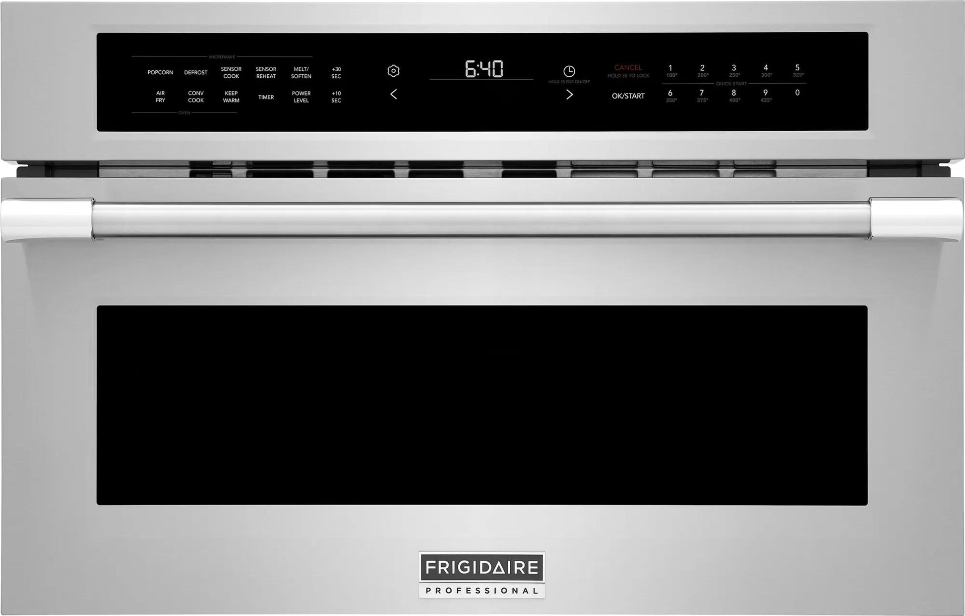 Stainless steel built-in convection microwave oven with digital touchscreen and drop-down door in kitchen appliances collection