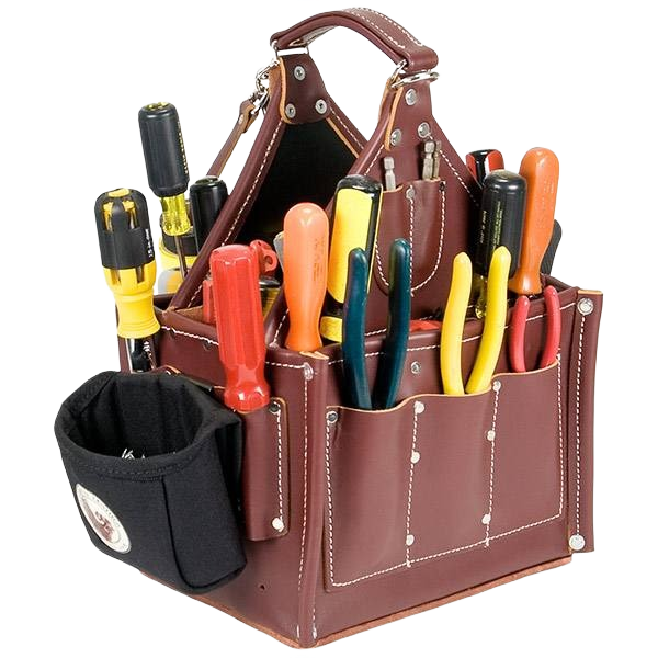 Brown leather tool tote with various insulated screwdrivers and pliers for workshop organization and home improvement