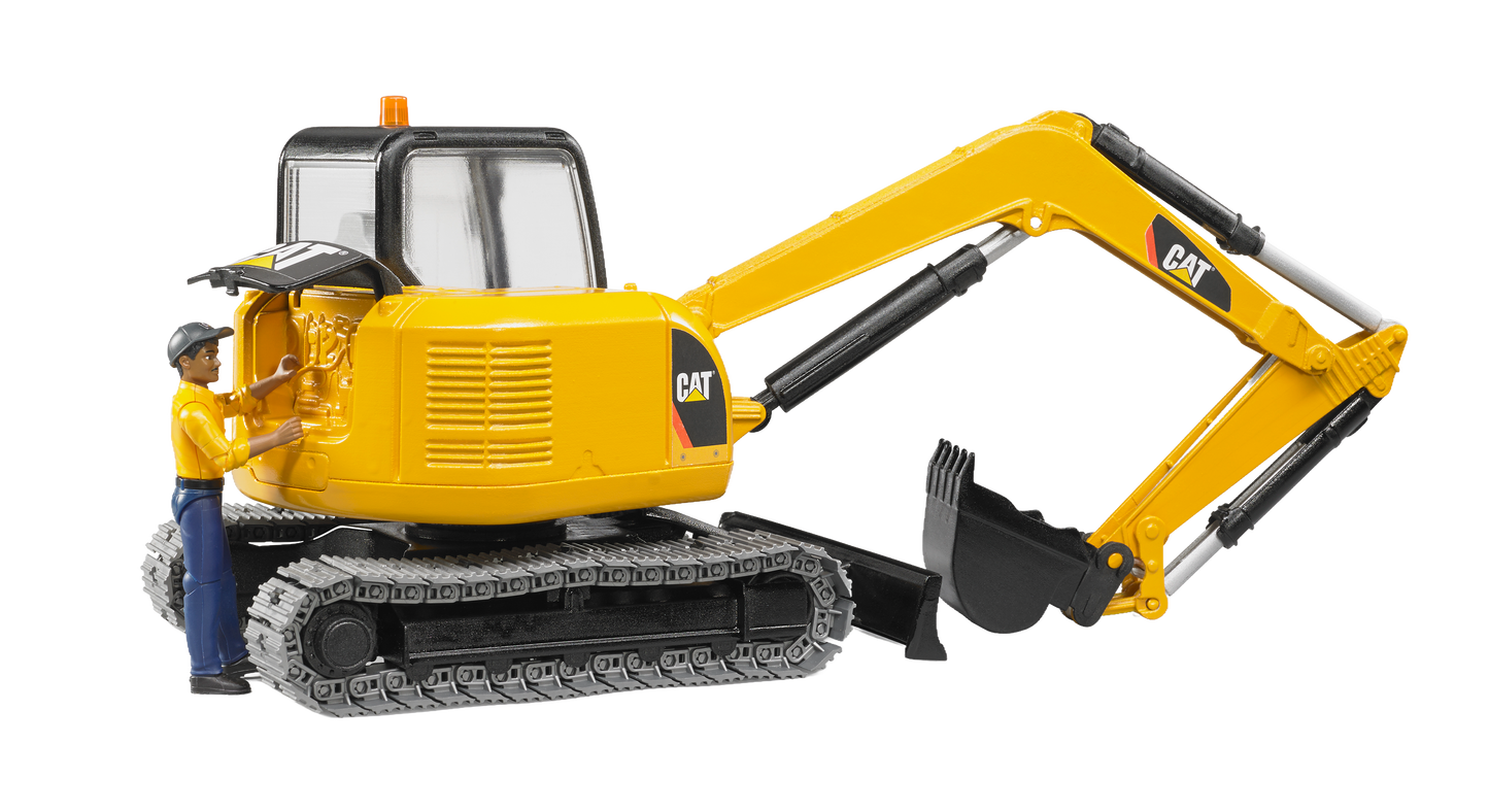 Yellow Bruder Cat mini excavator toy with swiveling arm and worker figure in Vehicles & Remote Controlled Toys collection