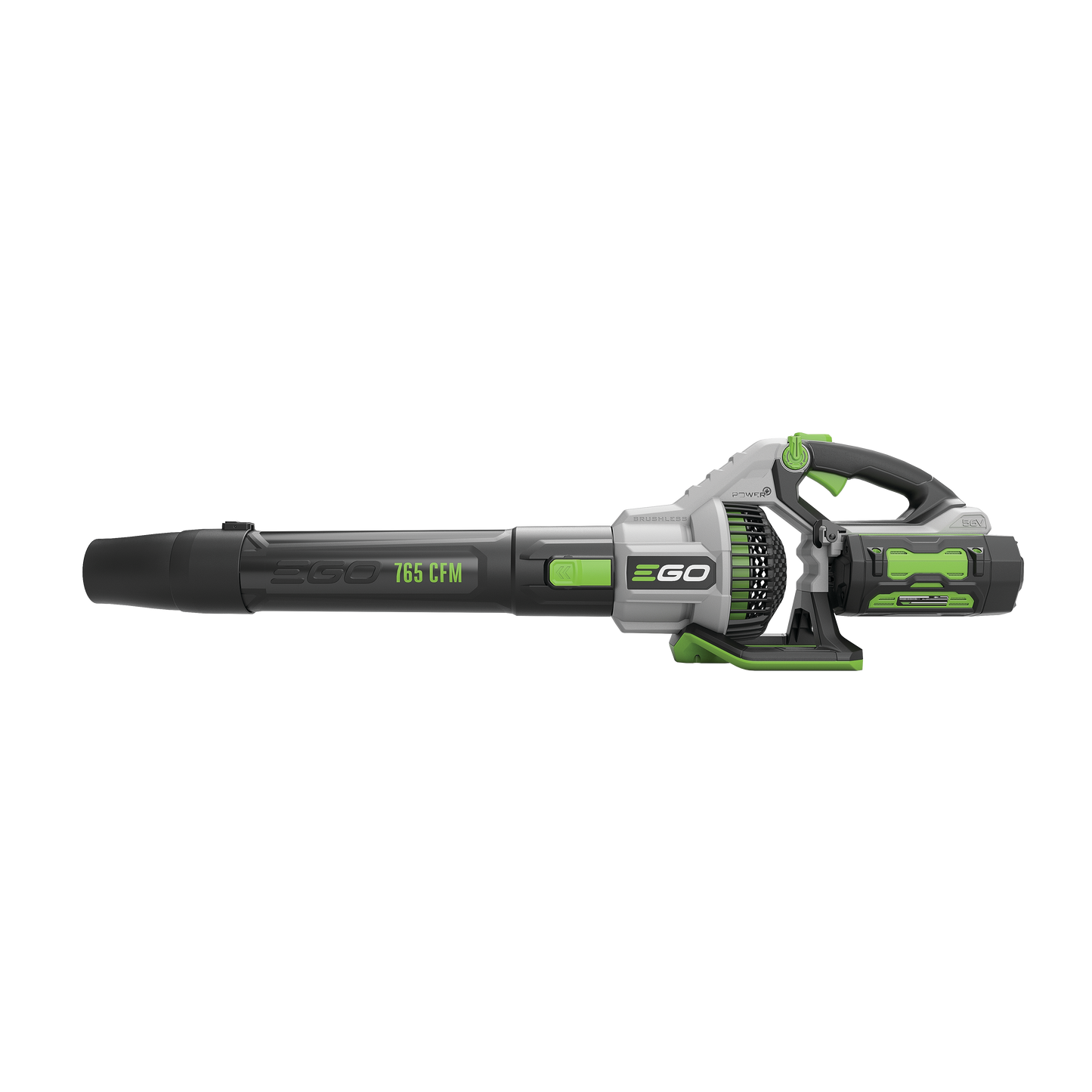 Cordless black and gray leaf blower with green accents, battery, and ergonomic handle from outdoor power tools collection