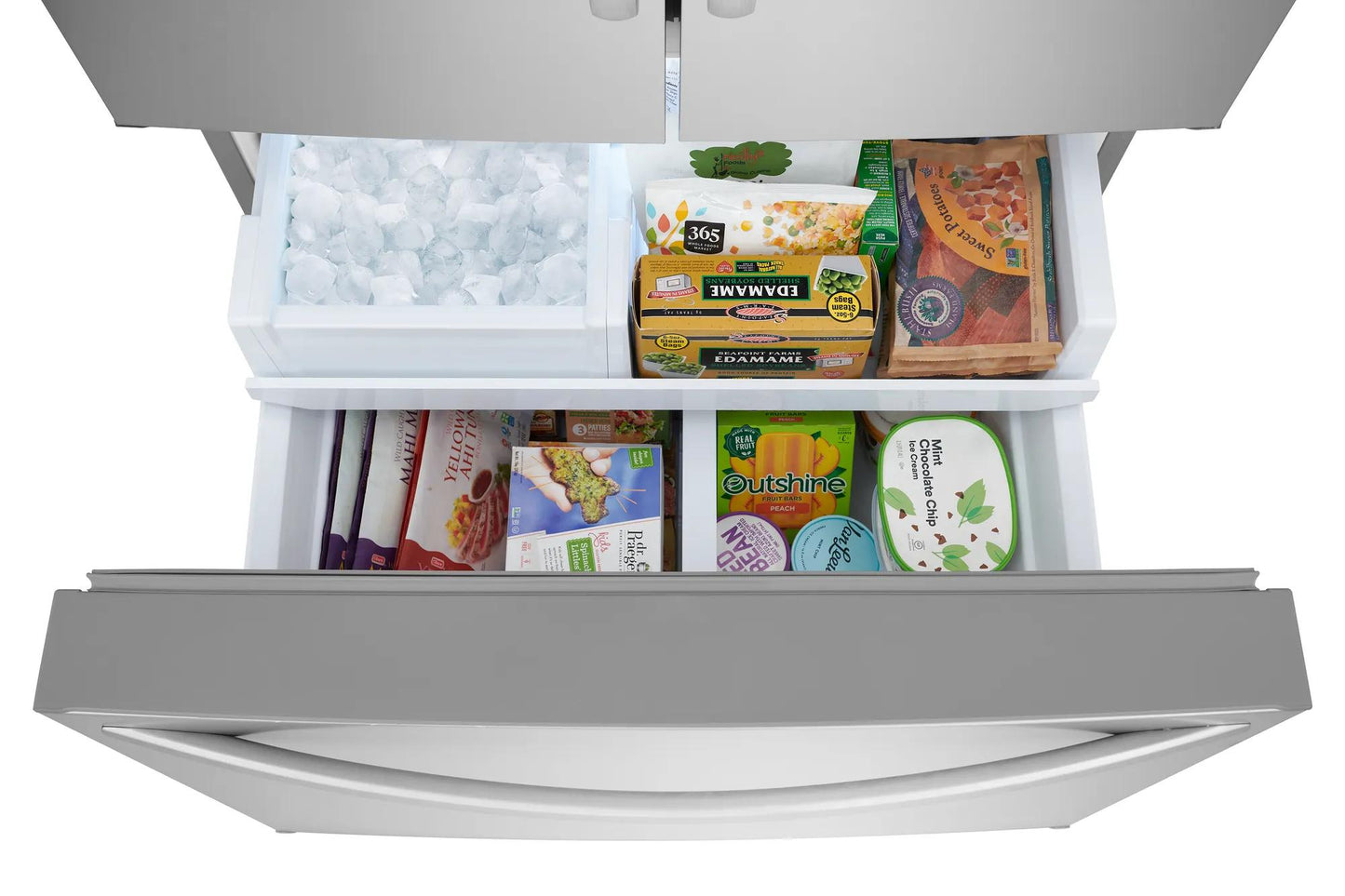 Open bottom freezer drawer of French door refrigerator showing organized frozen food and ice bin in appliances collection