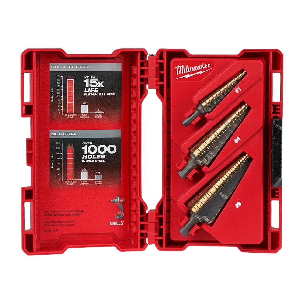 Set of three cobalt step drill bits in red Milwaukee case with size markings and performance charts inside lid