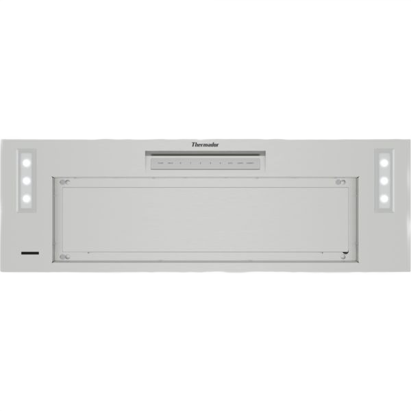 Stainless steel custom insert kitchen hood with LED lights and touch controls from Thermador range hoods collection