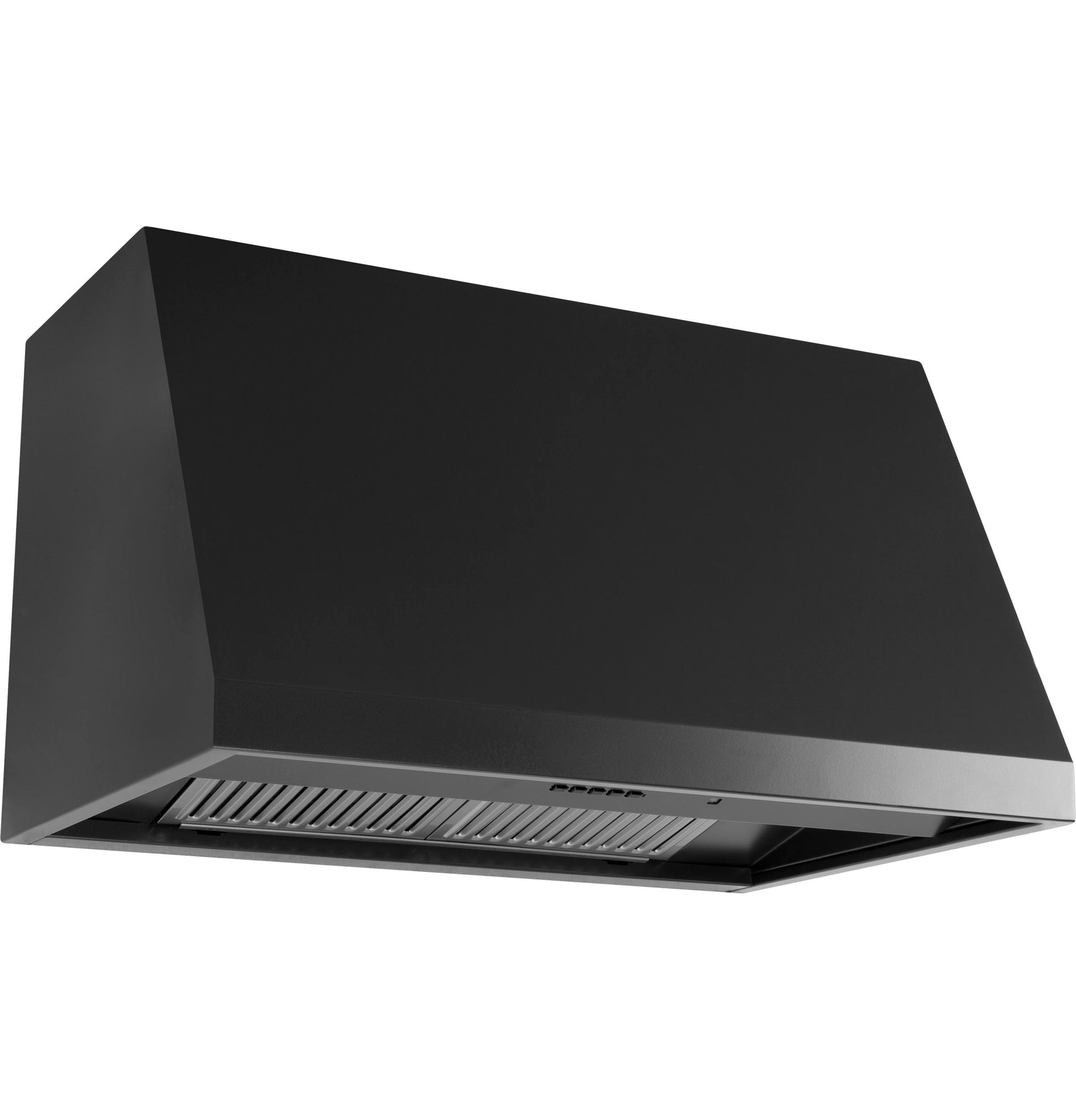 Matte black commercial kitchen hood with stainless steel baffle filters in Over the Range Hoods and Appliances collections