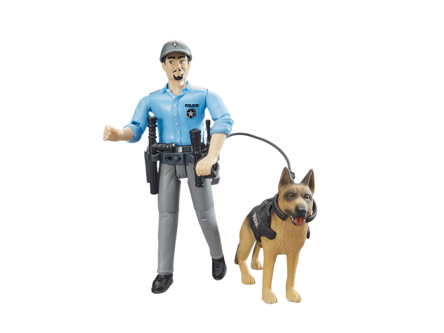 Toy police officer figure wearing blue uniform walking a German Shepherd dog on a black leash and harness