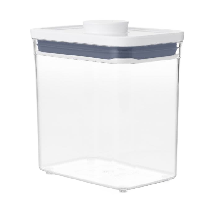 Clear rectangular short storage container with white airtight lid for kitchenware and pantry organization under $50 collection