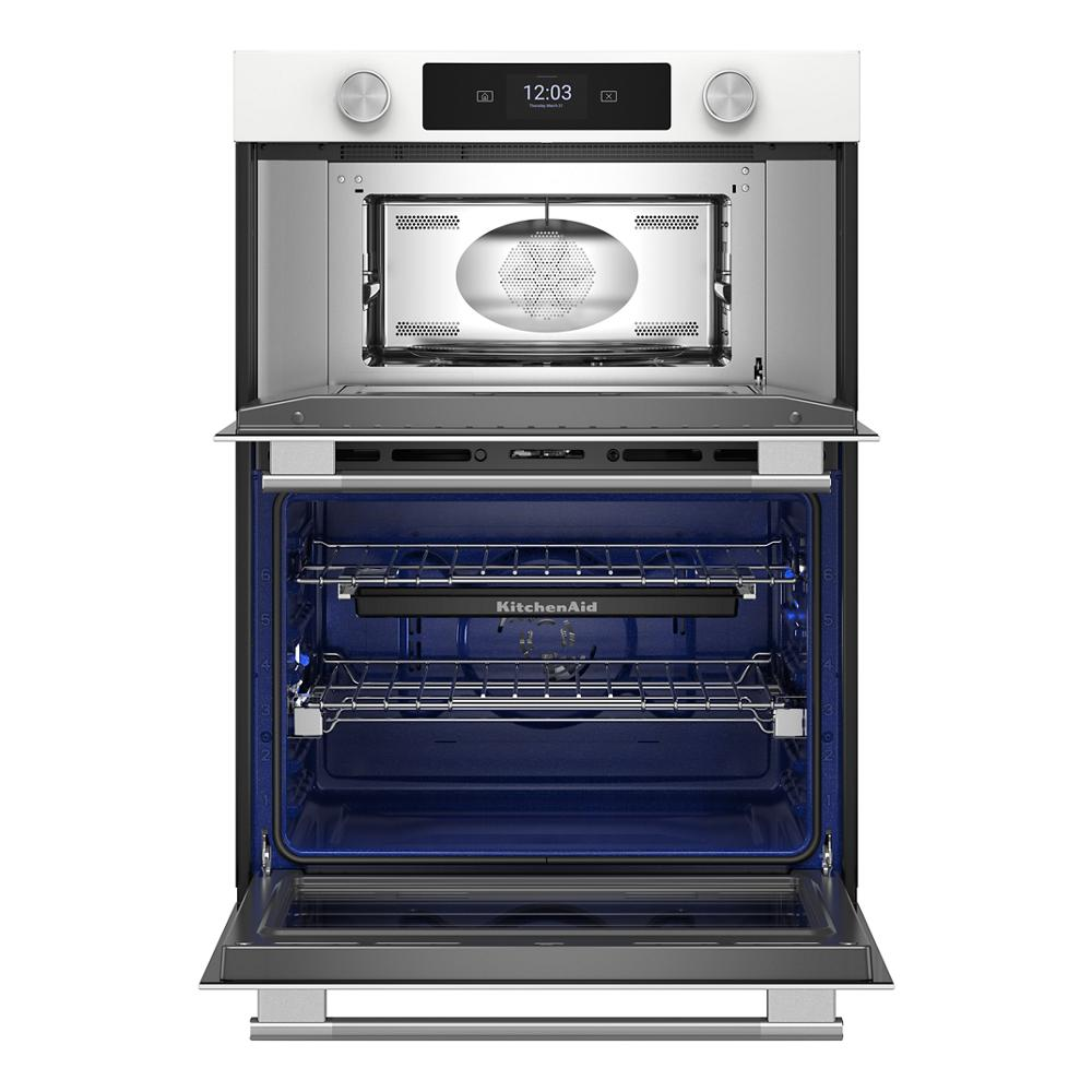 White 30-inch smart electric combo wall oven with LED display, open microwaves and wall oven compartments in kitchen appliances collection