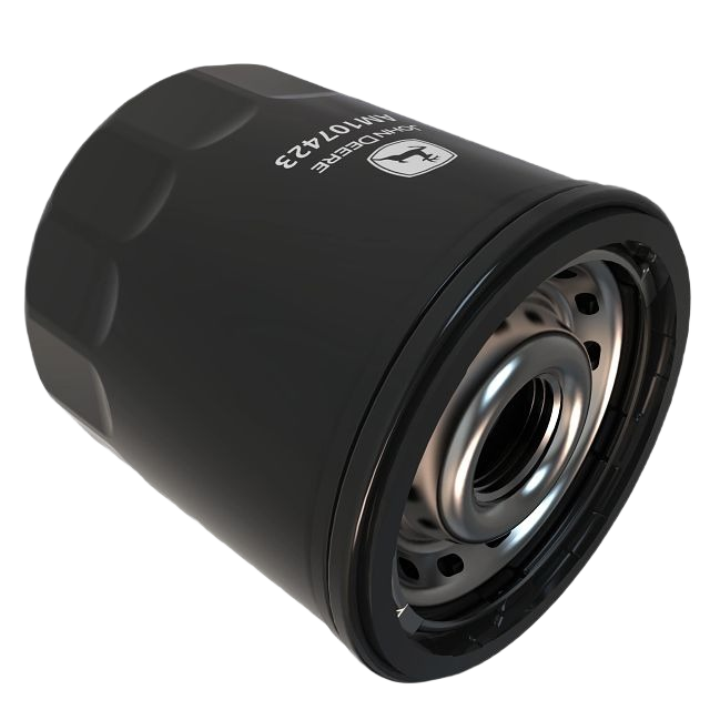 Black cylindrical engine oil filter with threaded metal base for machinery maintenance and home improvement use
