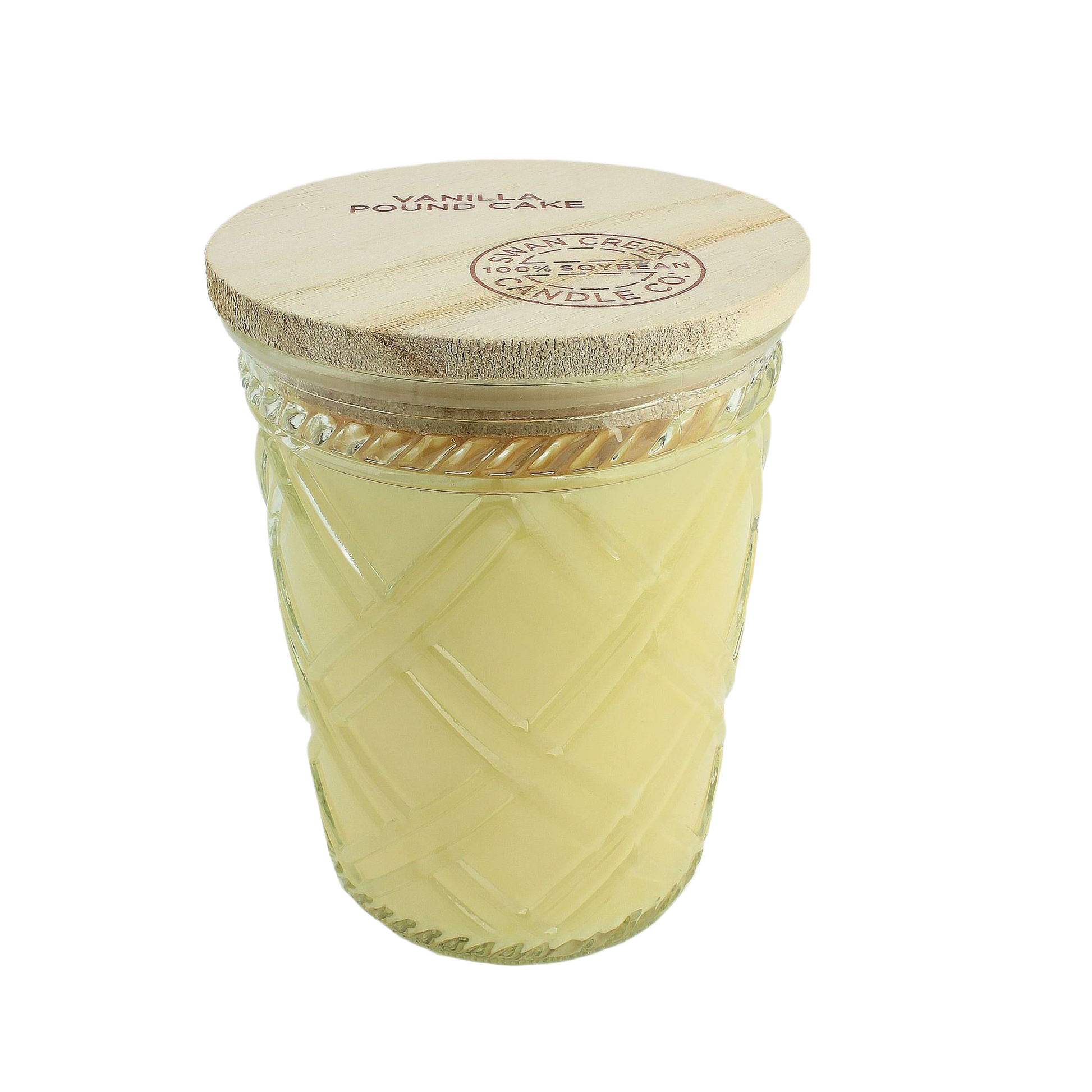 Glass jar candle with a wooden lid and textured design, scented with vanilla pound cake fragrance