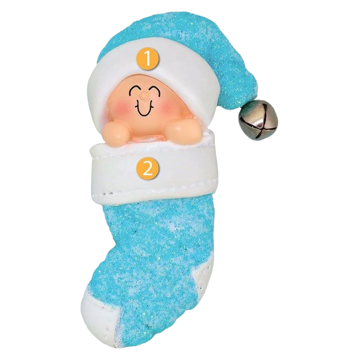 Small baby figure nestled in glittery blue stocking with silver bell for Christmas Ornaments & Tree Decorations collection