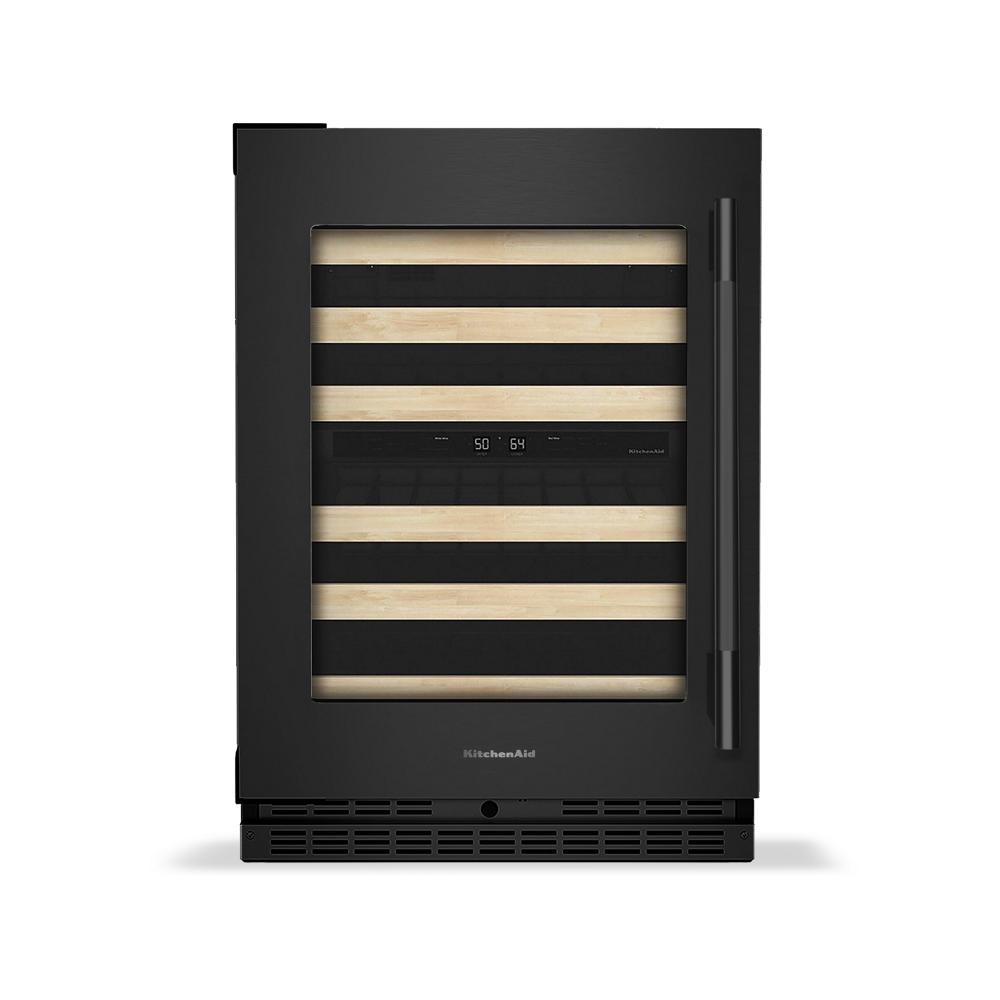 Undercounter wine cooler with wood-front racks and digital temperature display in KitchenAid appliances collection