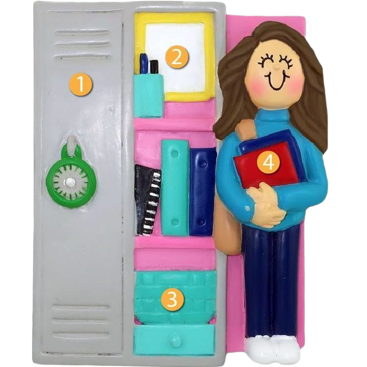 Personalized locker ornament with brunette female student holding books for Christmas Ornaments & Tree Decorations under $50 collection