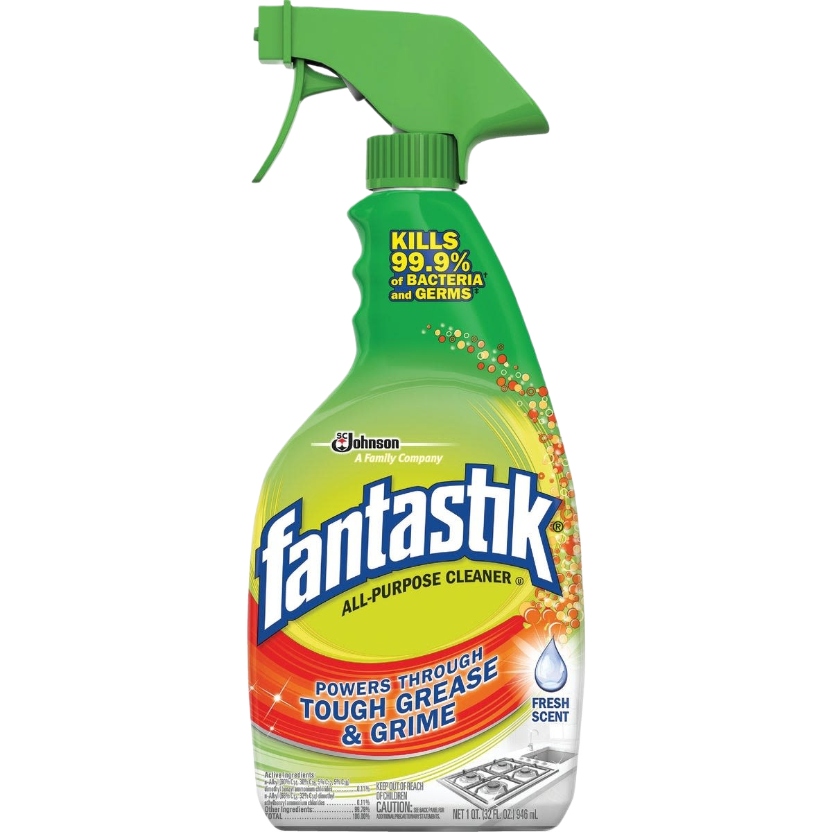 Green spray bottle of Fantastik all-purpose cleaner with label highlighting grease removal and antibacterial properties