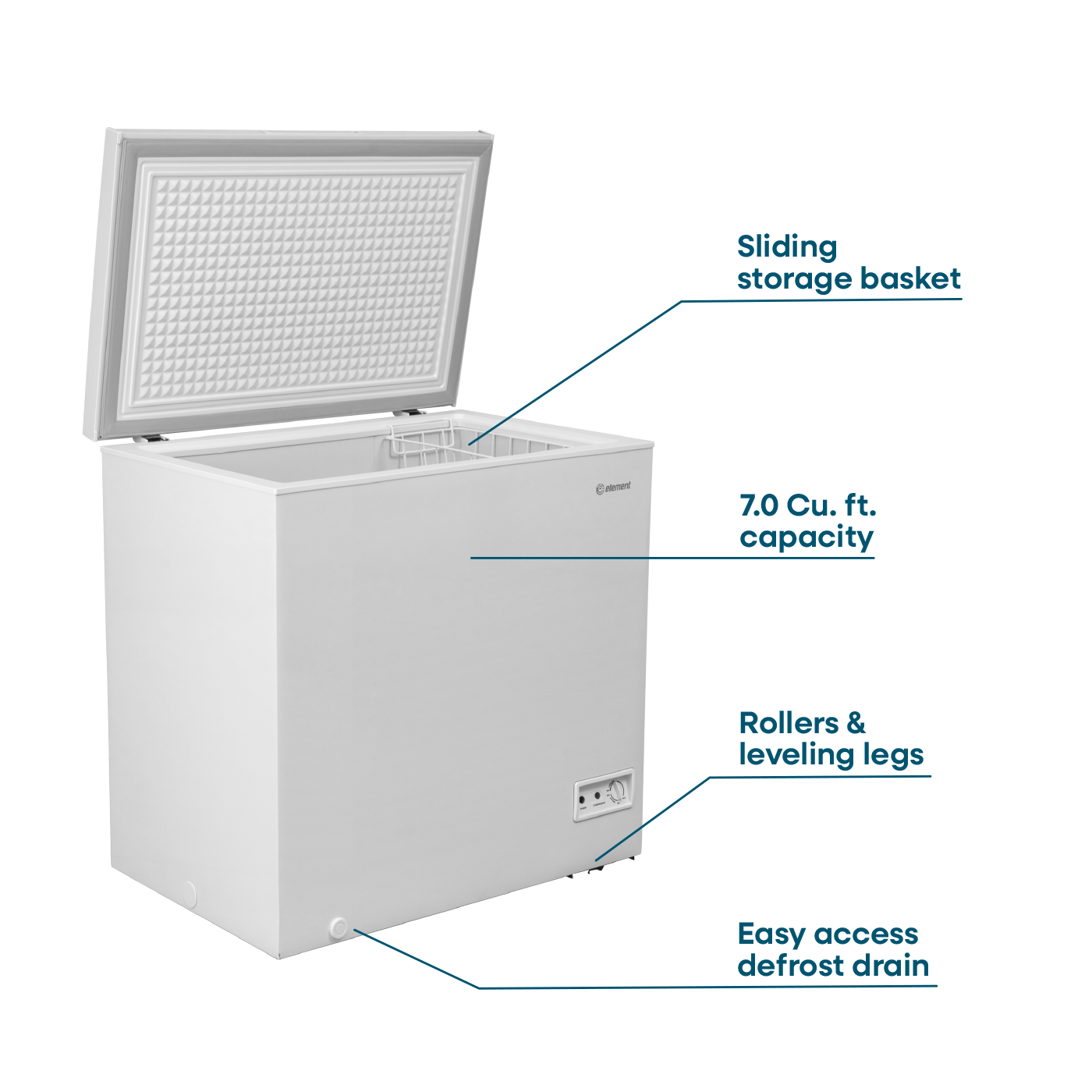 White chest freezer with 7.0 cubic feet capacity, sliding basket, leveling legs, and defrost drain for kitchen appliances